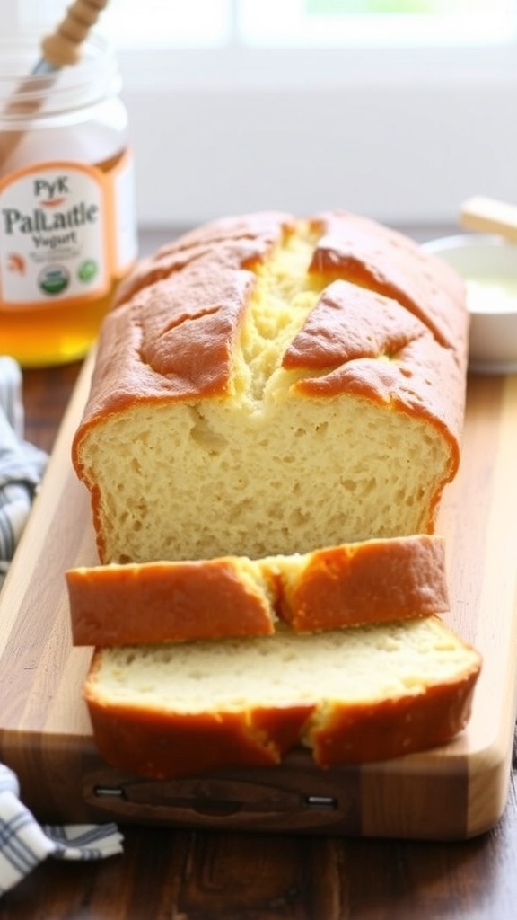 A golden-brown loaf of gluten-free bread made with Greek yogurt, sliced on a wooden board.